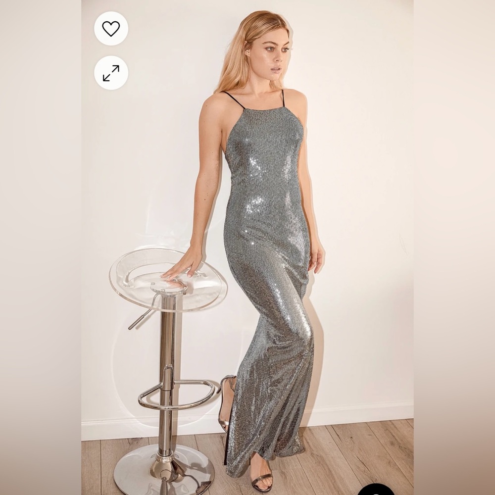 Lulu’s This Night Forever Silver Sequin Cutout Maxi Dress- Size Small